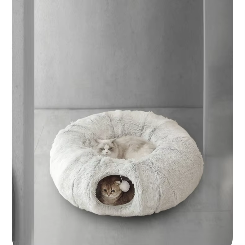 Fluffy Cat Grey Tunnel Bed