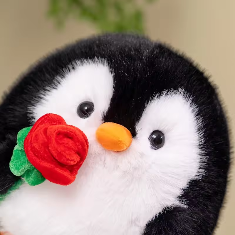 Fluffy Black Penguin Holding Rose Plush