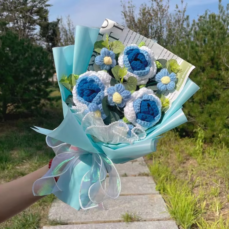 Blue Crochet Flower Bouquet Plush