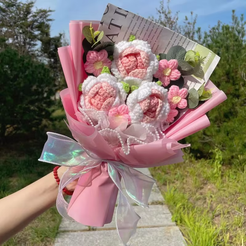 Pink Crochet Flower Bouquet Plush