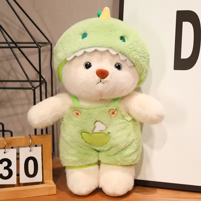 Green Dino Denim Overall Teddy Bear Fluffy Plush