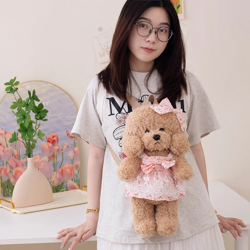Girly Brown Fuzzy Teddy Dog With Dress Backpack