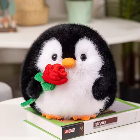 Fluffy Black Penguin Holding Rose Plush