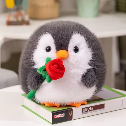 Fluffy Penguin Holding Rose Plush