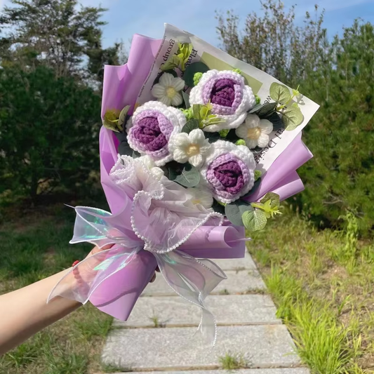 Purple Crochet Flower Bouquet Plush
