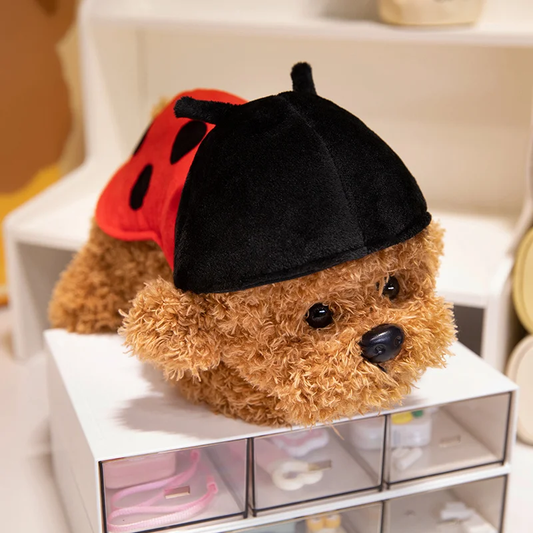 Brown Fuzzy Teddy Dog With Ladybug Cape Plush