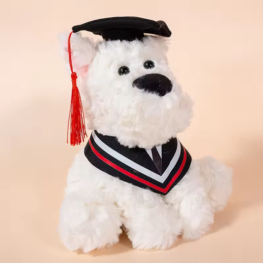 White Fluffy Graduation Dog Plush