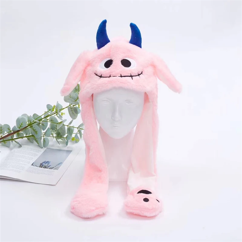 Fluffy Moving Ears Pink Ghost Beanie