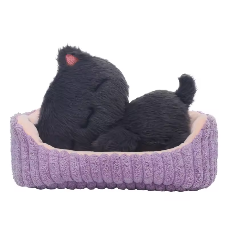 Sleeping Black Cat With Purple Bed Plush