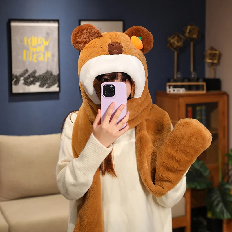White & Brown Capybara Fluffy Hat Scarf Plush