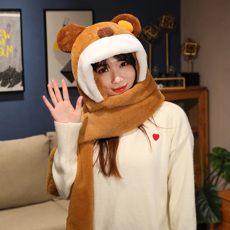 White & Brown Capybara Fluffy Hat Scarf Plush