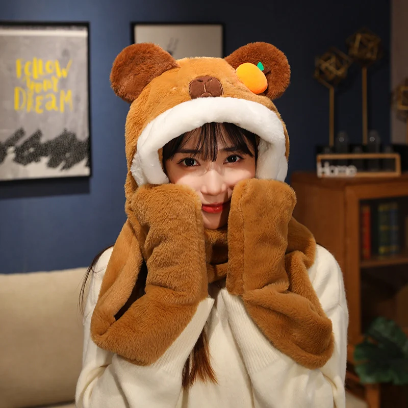 White & Brown Capybara Fluffy Hat Scarf Plush