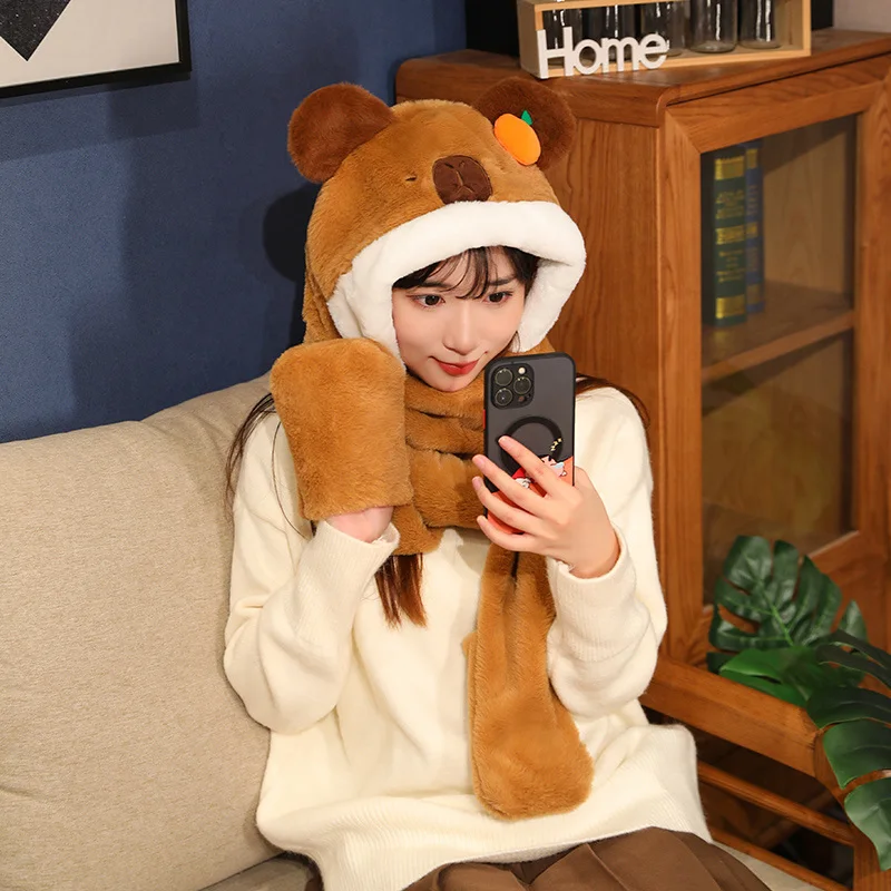 White & Brown Capybara Fluffy Hat Scarf Plush