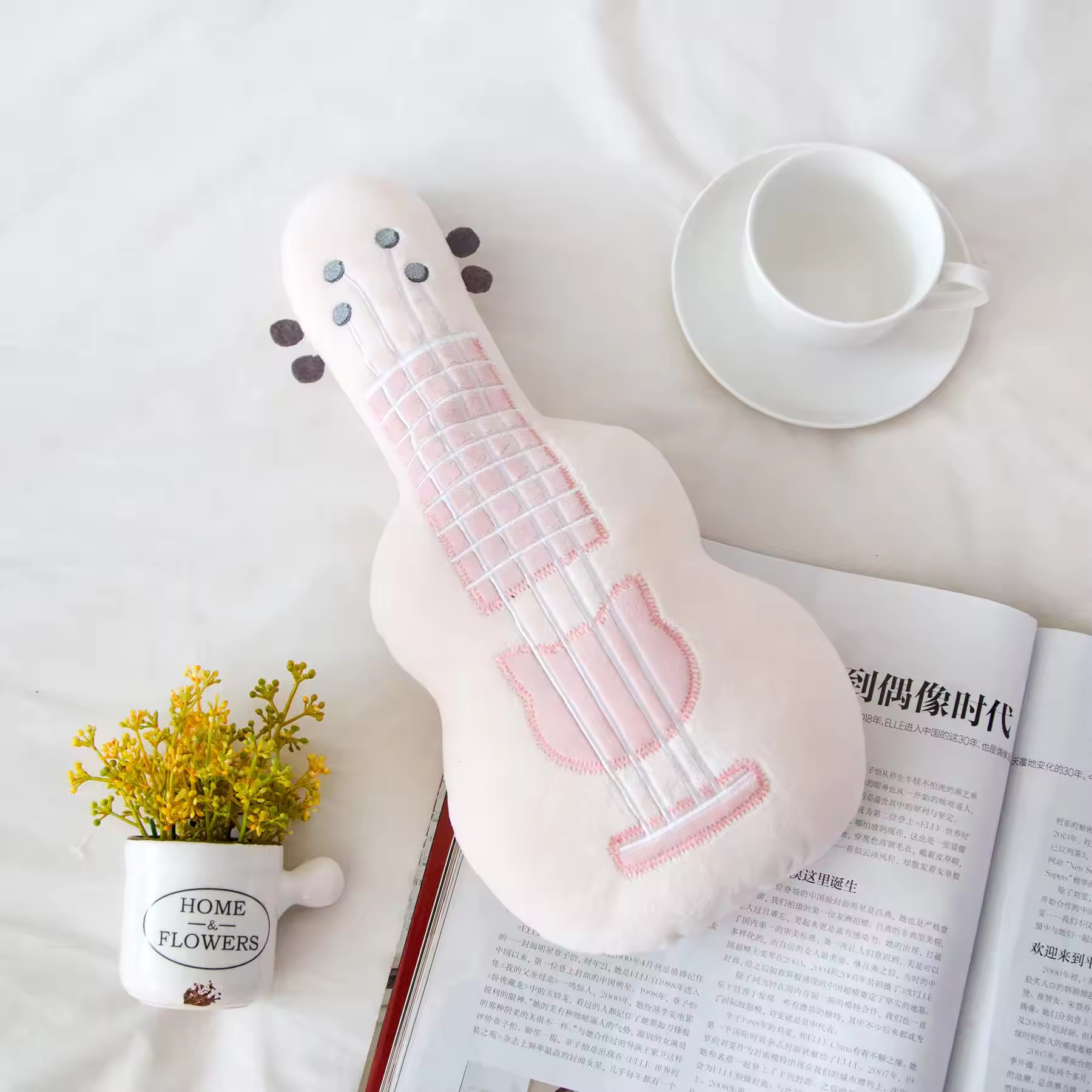 White & Pink Guitar Pillow Plush