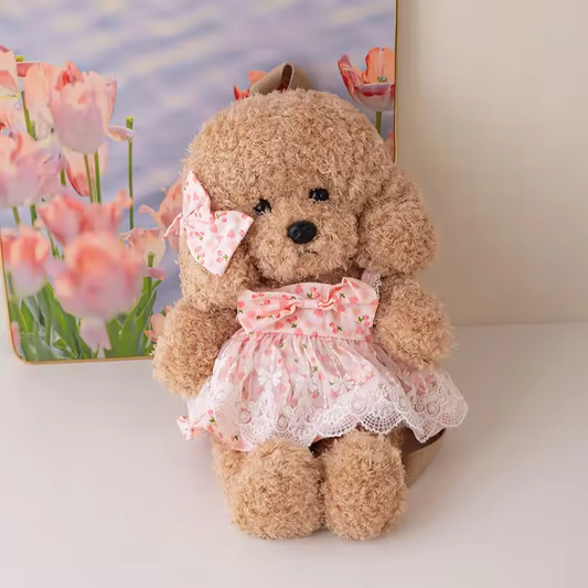Girly Brown Fuzzy Teddy Dog With Dress Backpack