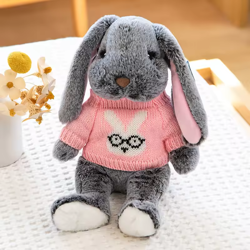 Fluffy Knitted Pink Sweater Grey Bunny Plush