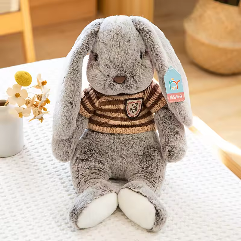 Fluffy Knitted Cream & Brown Sweater Grey Bunny Plush