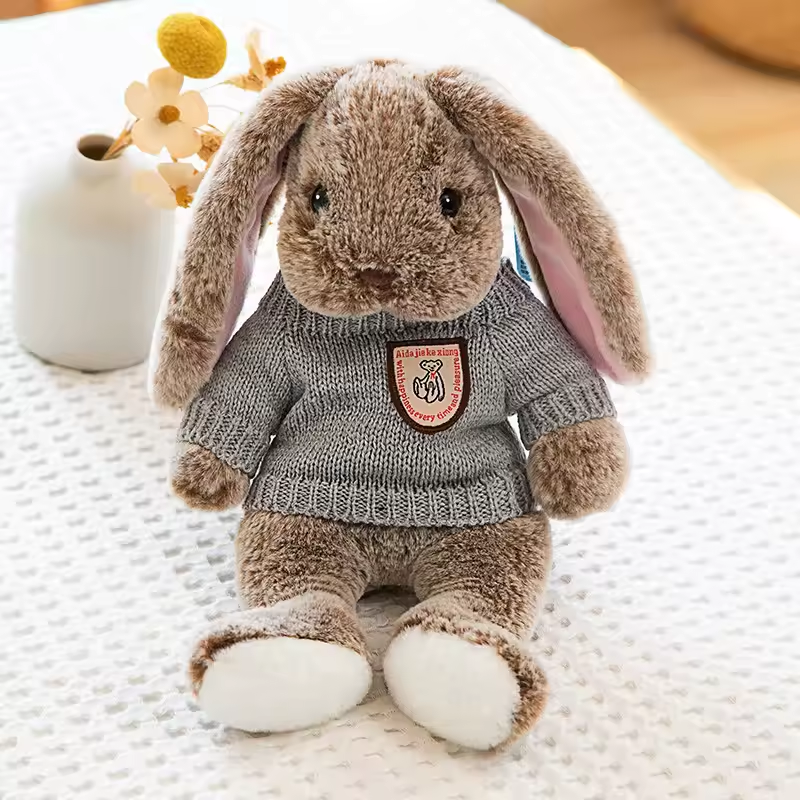 Fluffy Knitted Grey Sweater Brown Bunny Plush