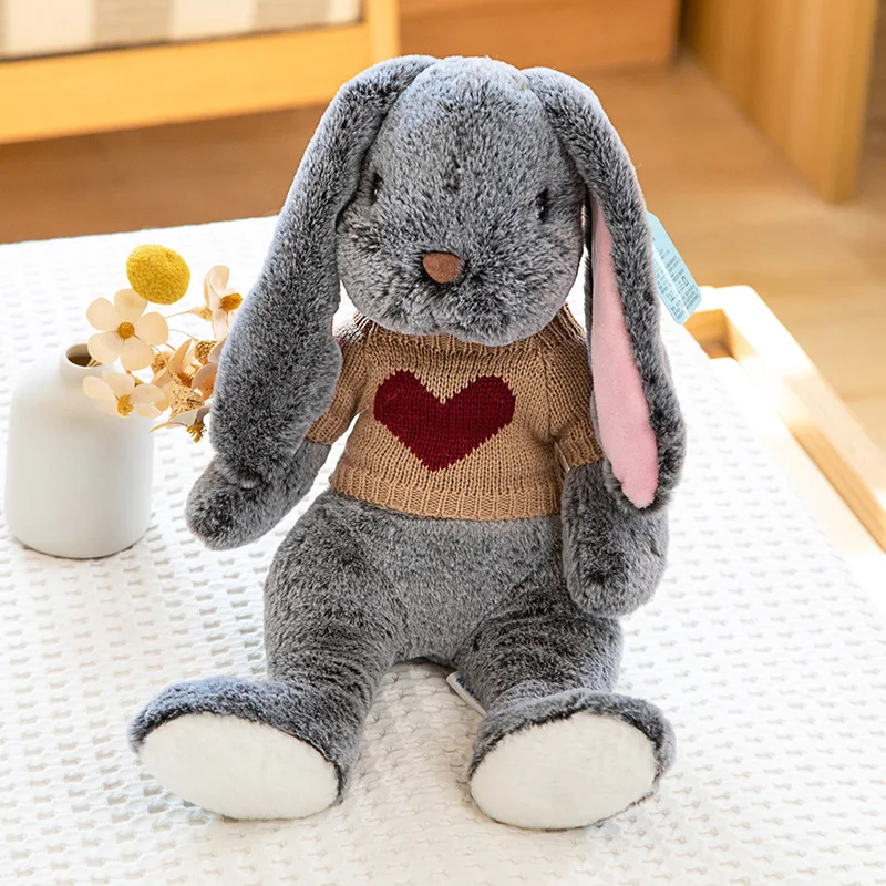 Fluffy Knitted Brown & Heart Sweater Grey Bunny Plush