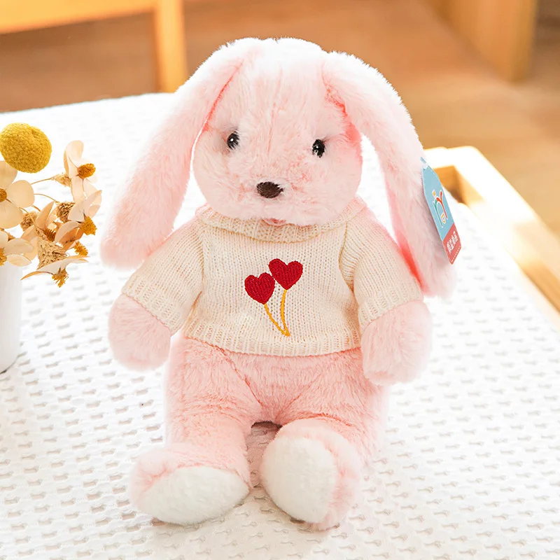 Fluffy Knitted White Sweater Pink Bunny Plush