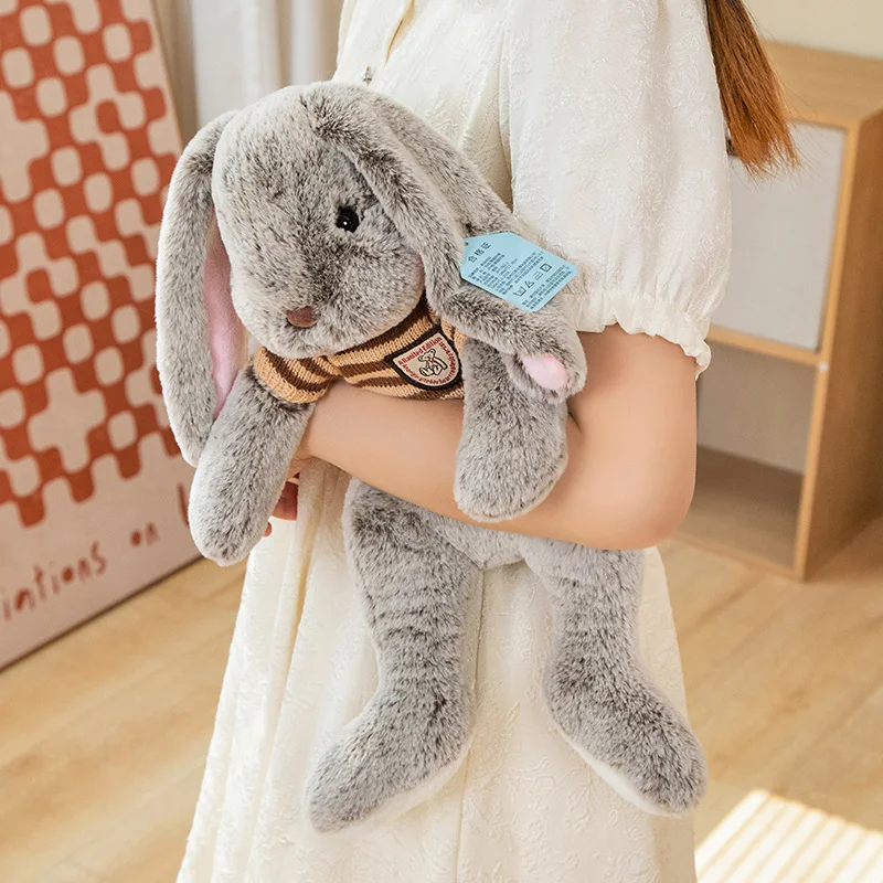 Fluffy Knitted Cream & Brown Sweater Grey Bunny Plush