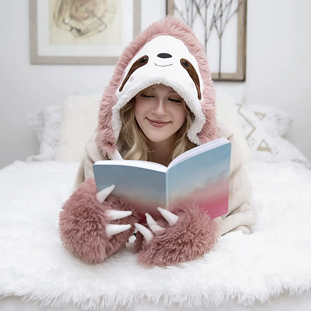 Pink Sloth Plush Hooded Blanket