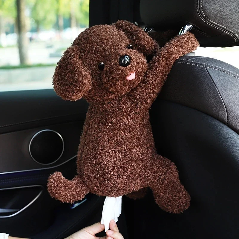 Fuzzy Brown Dog Plush Car Tissue Box