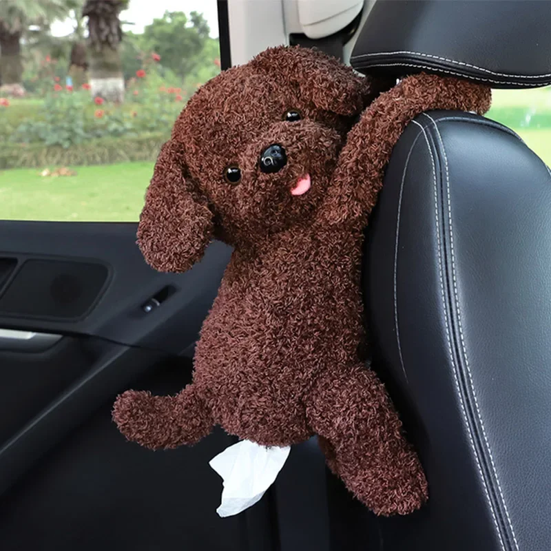 Fuzzy Brown Dog Plush Car Tissue Box