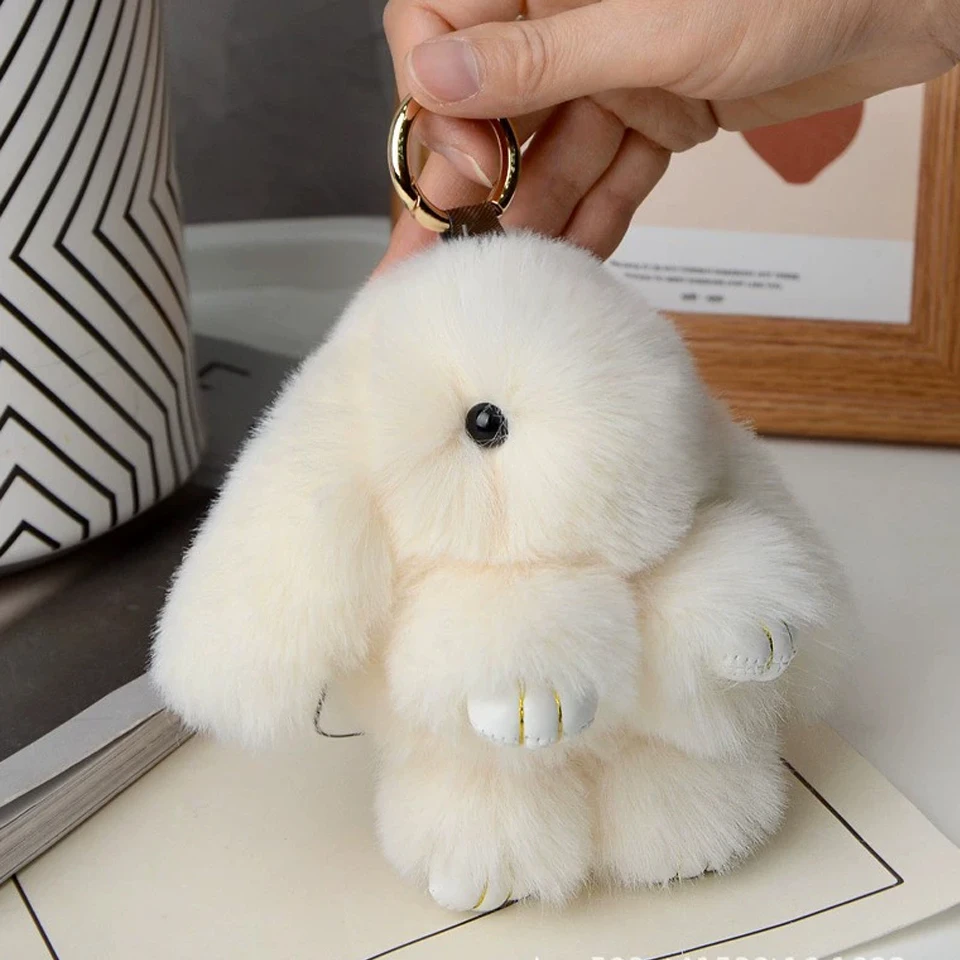 White Fluffy Bunny Pompon Keychain