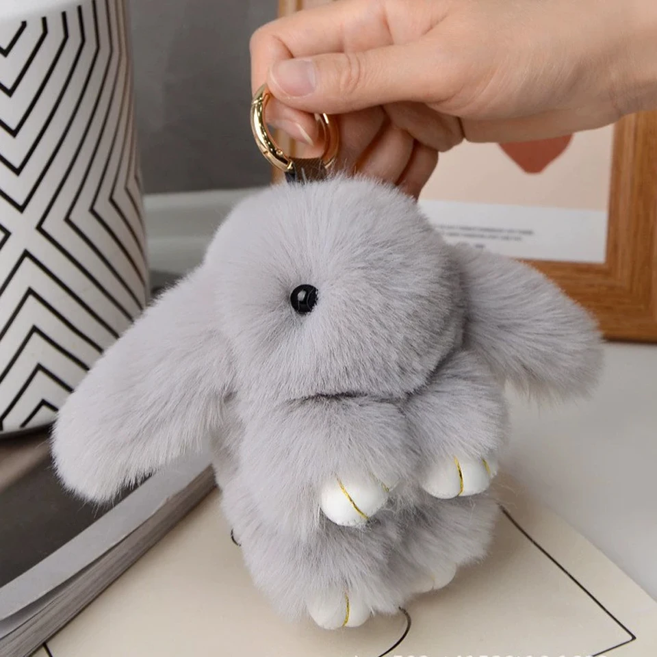 Grey Fluffy Bunny Pompon Keychain