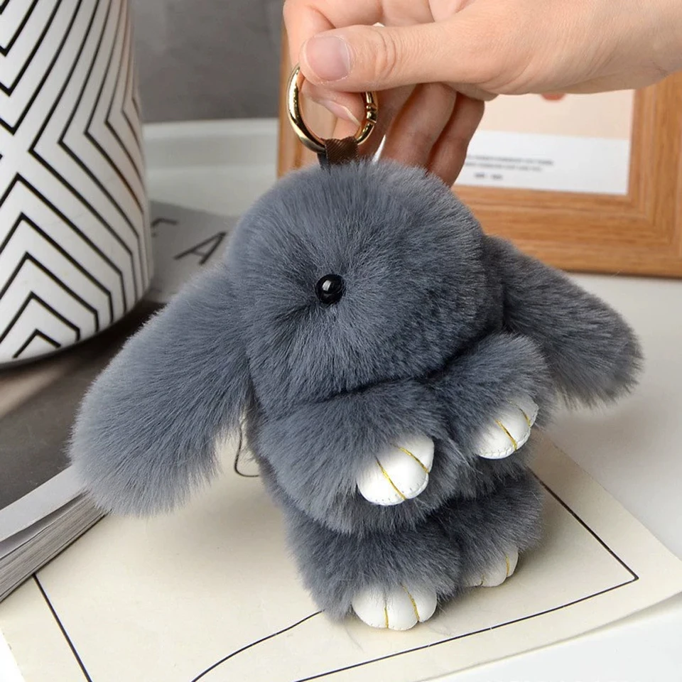 Dark Grey Fluffy Bunny Pompon Keychain