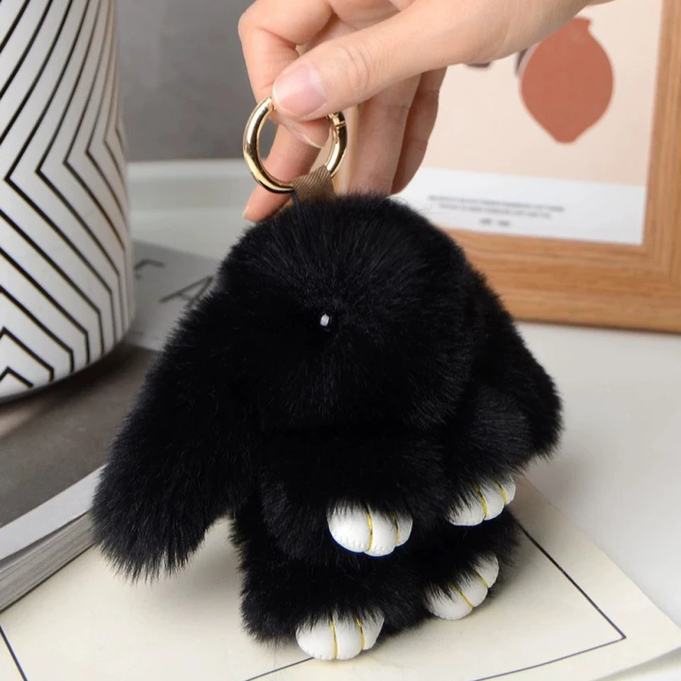 Black Fluffy Bunny Pompon Keychain