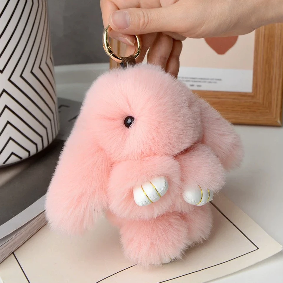 Pink Fluffy Bunny Pompon Keychain