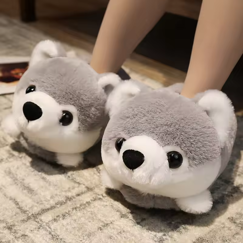 Fluffy Grey Husky Slippers