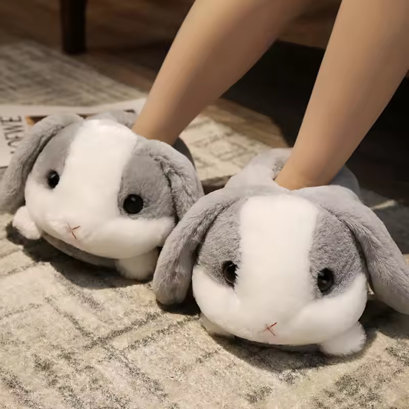 Fluffy Grey Rabbit Slippers