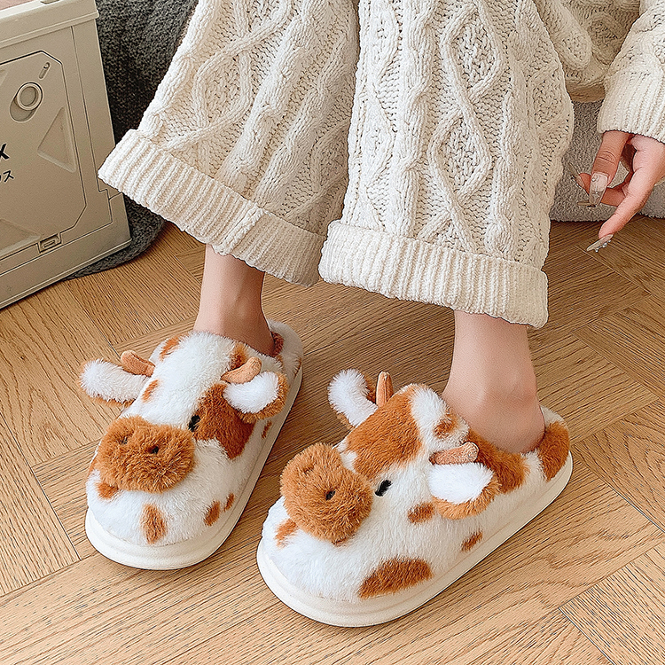 Warm Brown Cow Fluffy Slippers