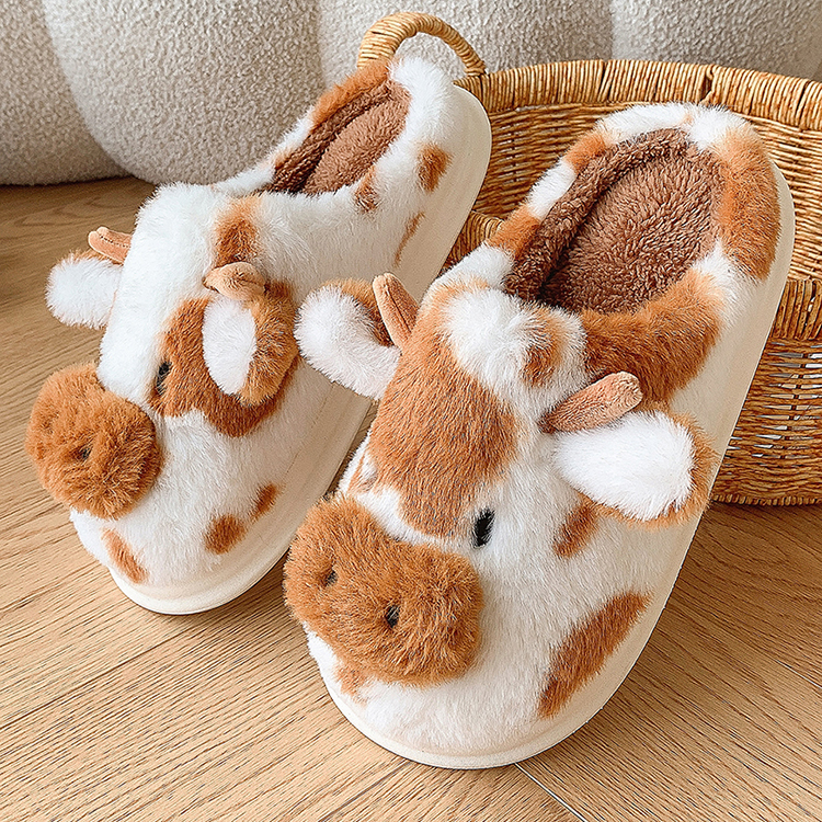Warm Brown Cow Fluffy Slippers