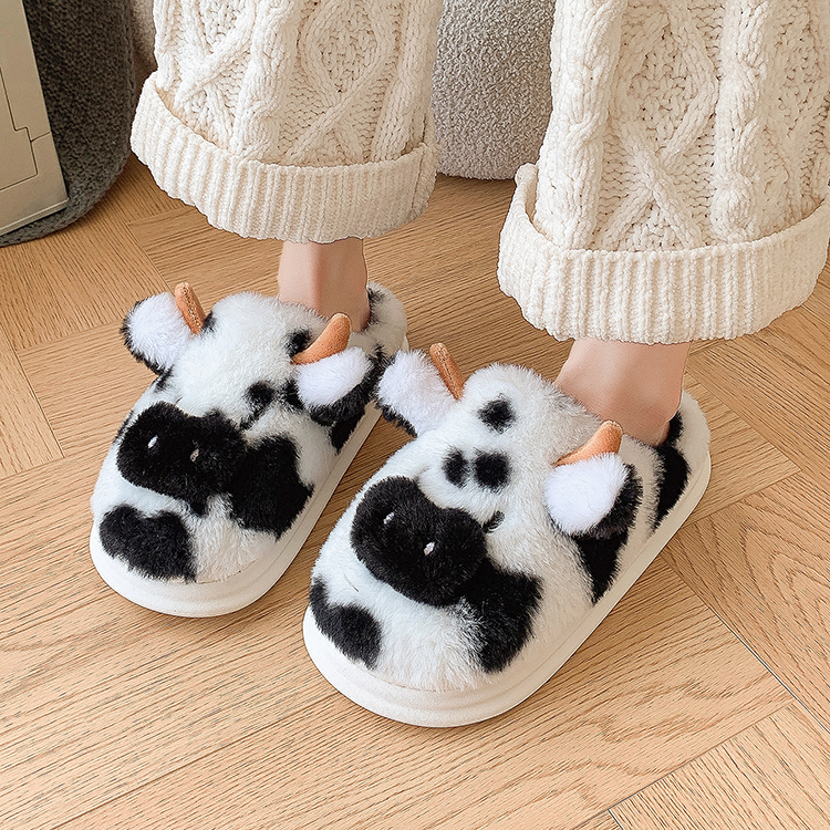 Warm Black Cow Fluffy Slippers