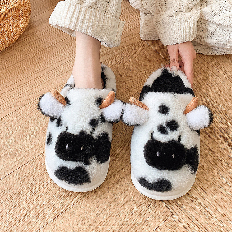 Warm Black Cow Fluffy Slippers