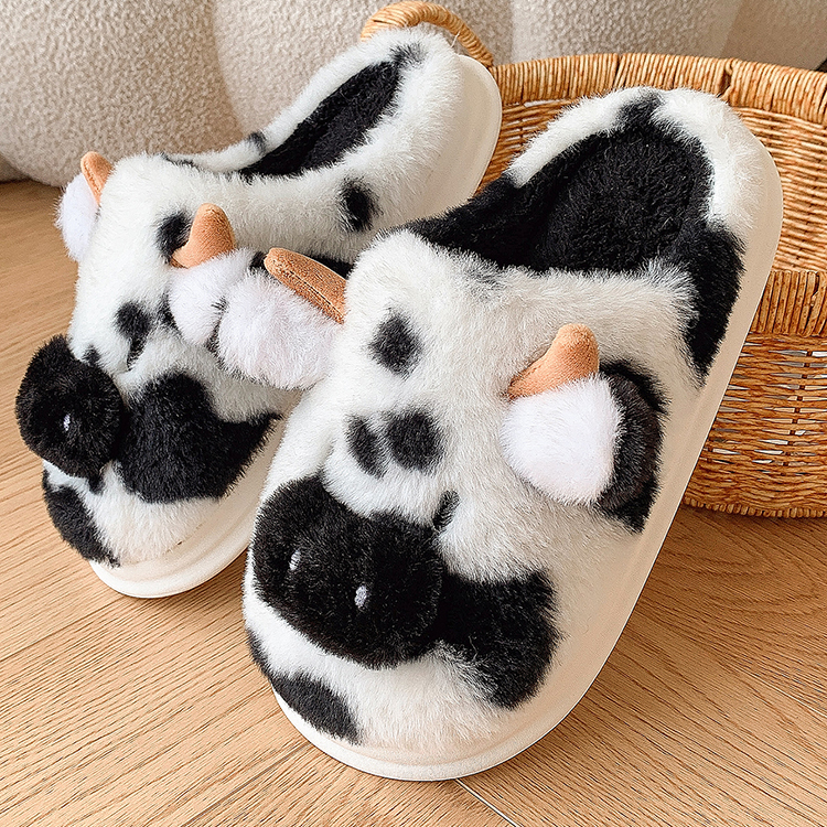Warm Black Cow Fluffy Slippers