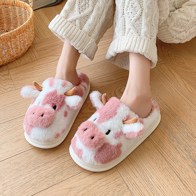 Warm Pink Cow Fluffy Slippers