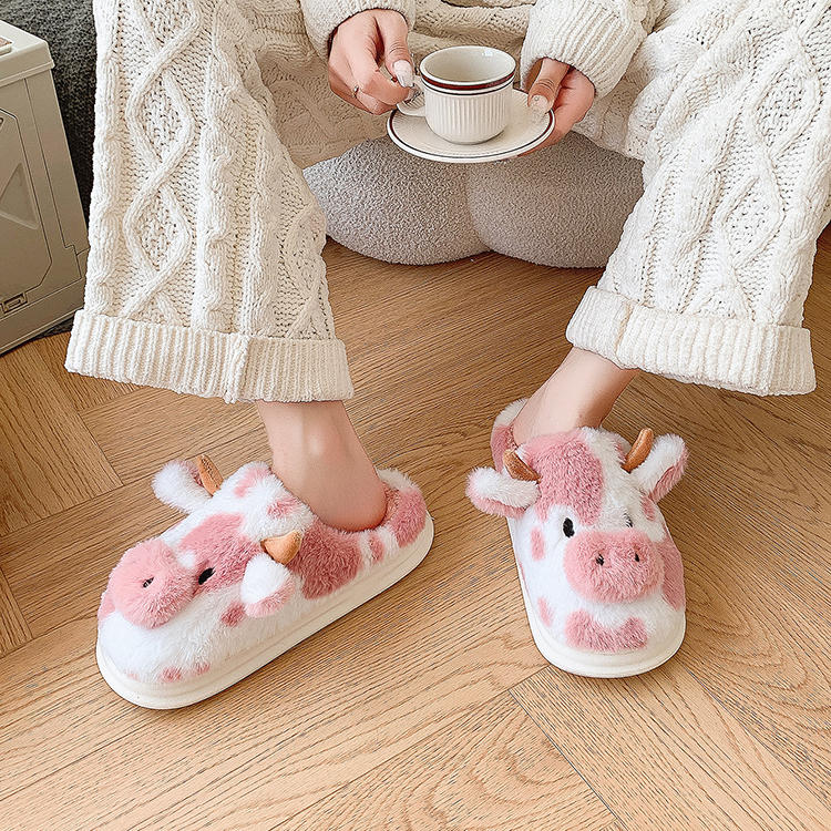 Warm Pink Cow Fluffy Slippers