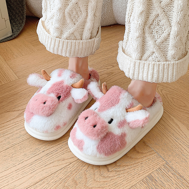 Warm Pink Cow Fluffy Slippers