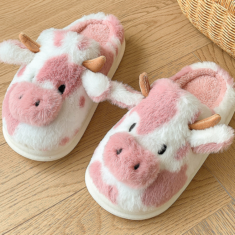 Warm Pink Cow Fluffy Slippers