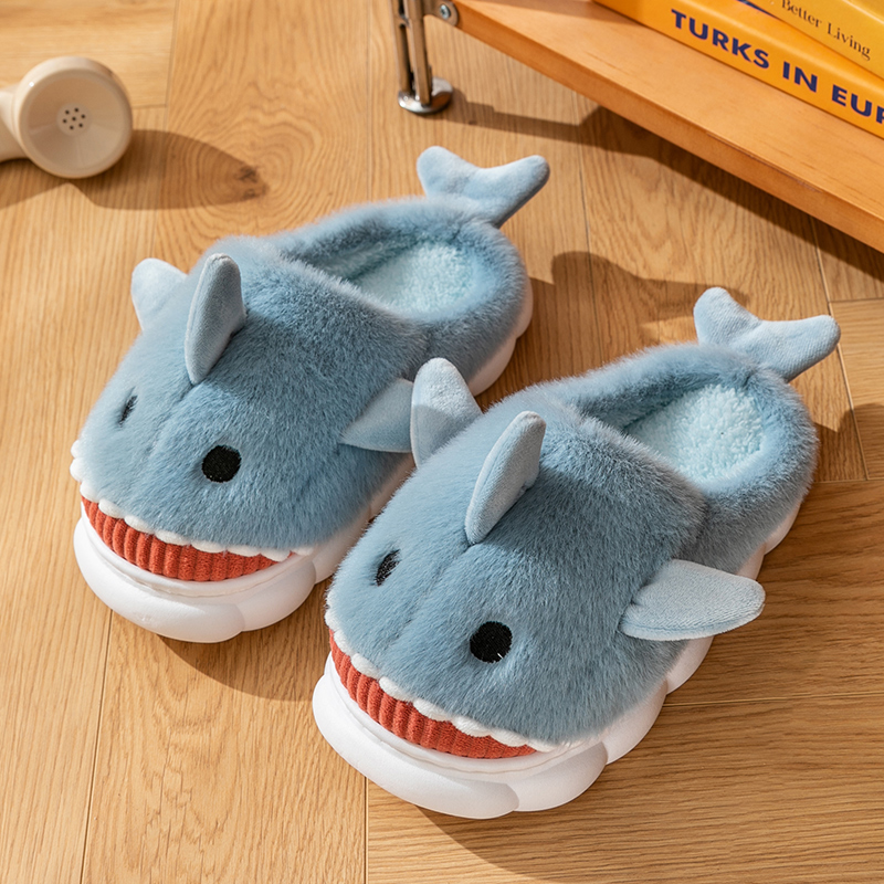 Warm Smiling Light Blue Shark Fluffy Slippers