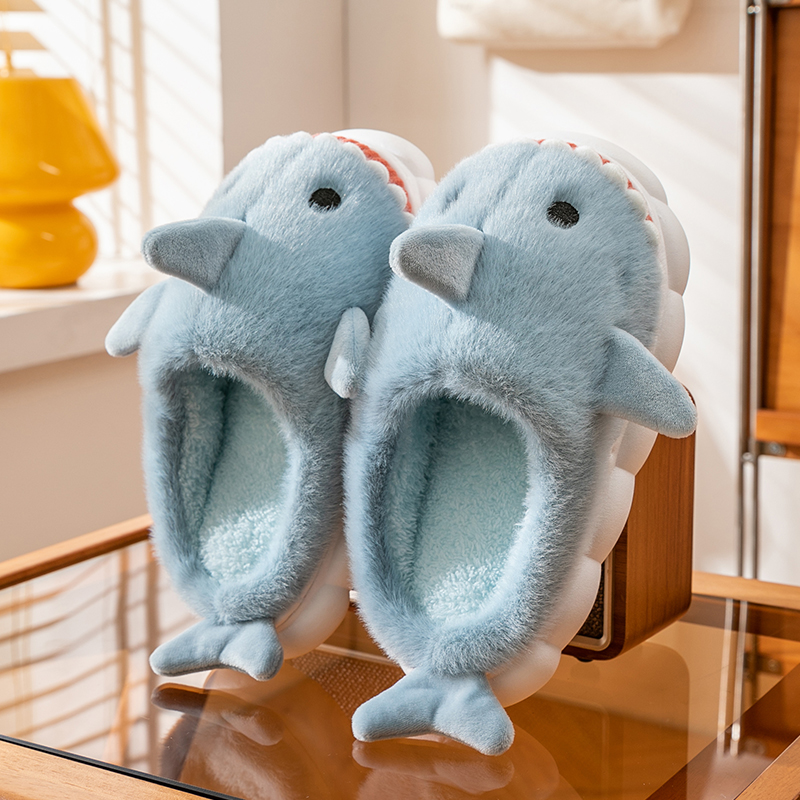 Warm Smiling Light Blue Shark Fluffy Slippers