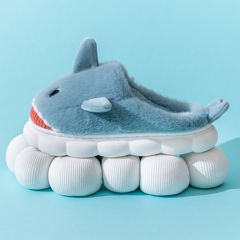 Warm Smiling Light Blue Shark Fluffy Slippers