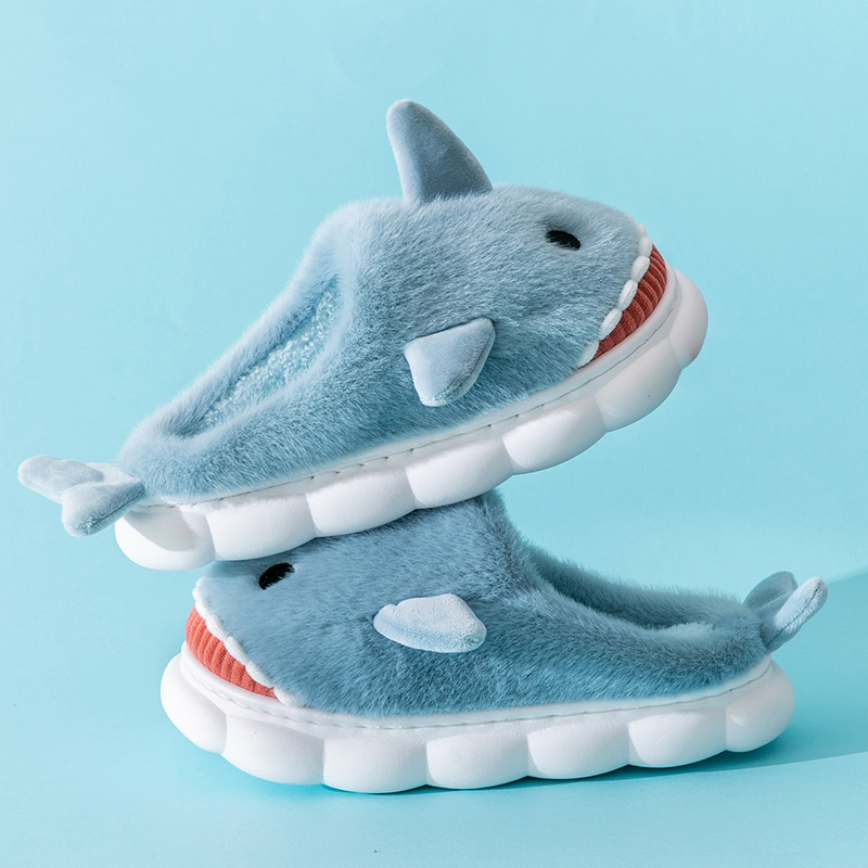 Warm Smiling Light Blue Shark Fluffy Slippers