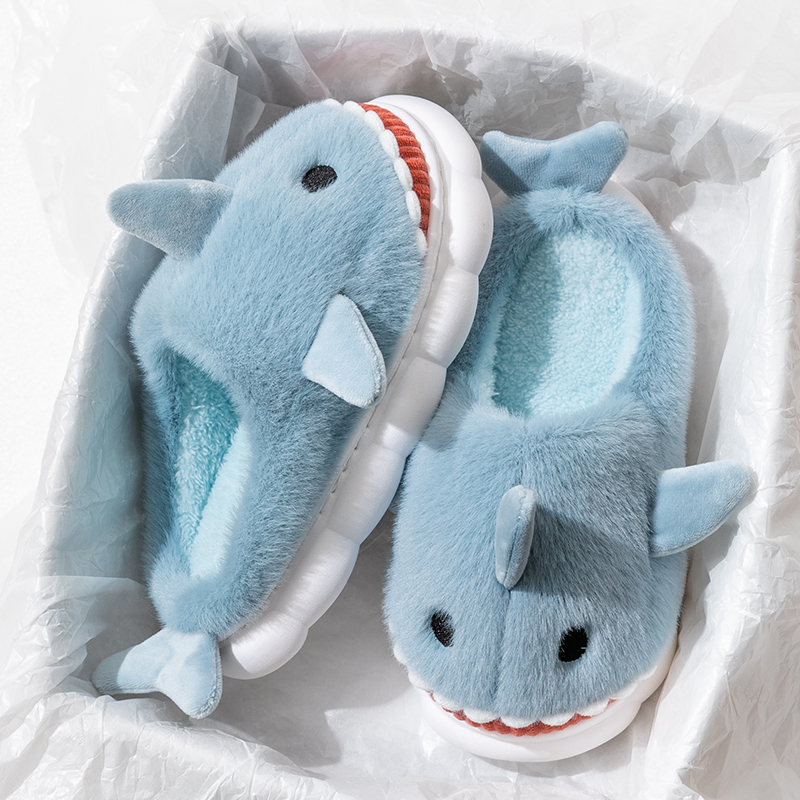 Warm Smiling Light Blue Shark Fluffy Slippers