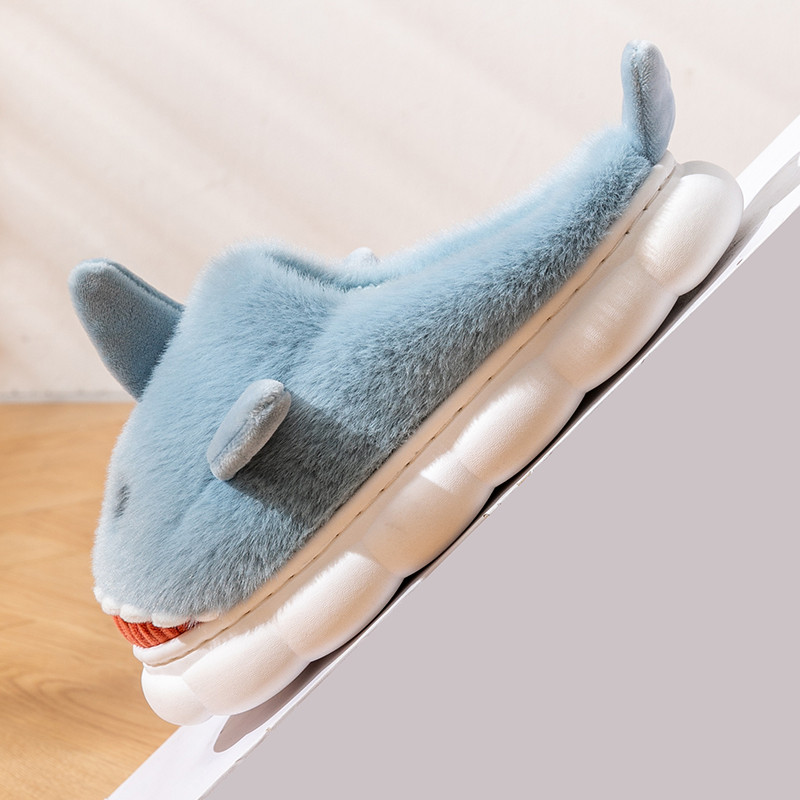 Warm Smiling Light Blue Shark Fluffy Slippers